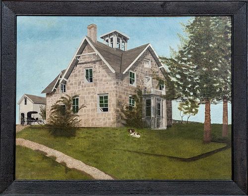 AMERICAN SCHOOL: VICTORIAN HOUSE WITH DOG AND CARRIAGE
