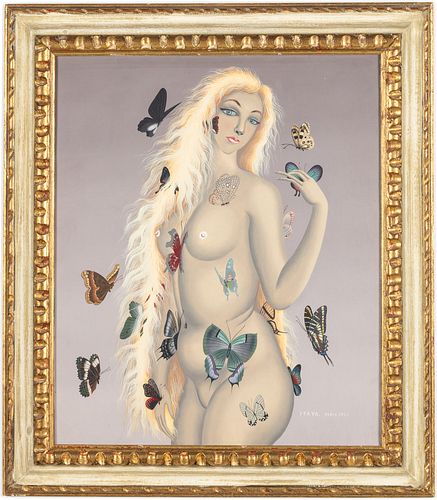 Foussa Itaya (b. 1919), Woman with Butterflies, O/C