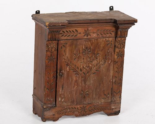 Chip Carved Pine Hanging Cupboard, 19th Century