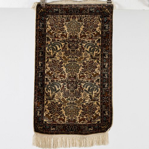 Small Persian Silk Rug with Animals and Foliage