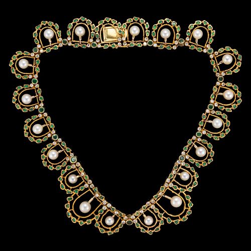 ANTIQUE / VINTAGE 18K YELLOW GOLD, DIAMOND, EMERALD, AND PEARL COLLAR NECKLACE