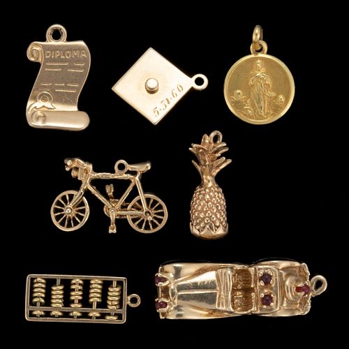 VINTAGE 14K AND 18K YELLOW GOLD FIGURAL CHARMS, LOT OF SEVEN