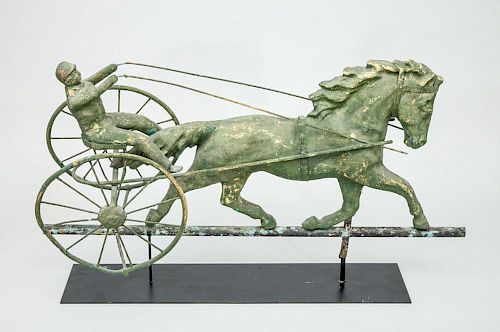 AMERICAN GREEN PAINTED HOLLOW-CAST HORSE, SULKY AND RIDER WEATHERVANE