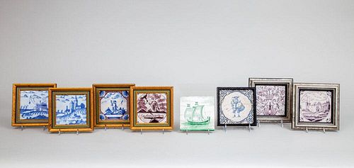 GROUP OF SEVEN FRAMED DELFT PICTORIAL TILES AND AN UNFRAMED GREEN TILE OF A BOAT