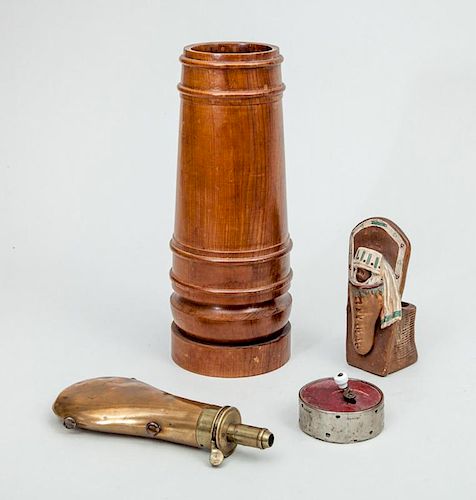 BRASS PEAR-FORM POWDER CASE; A TURNED WOOD TALL VASE; A WIND-UP MUSIC DRUM; AND A POTTERY MATCH HOLDER