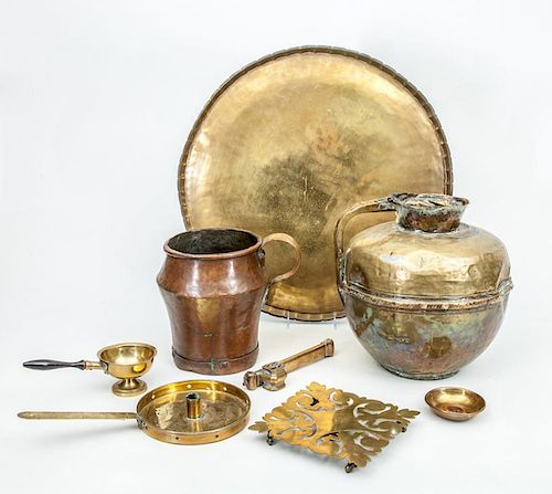GROUP OF SEVEN BRASS ARTICLES AND A COPPER PITCHER