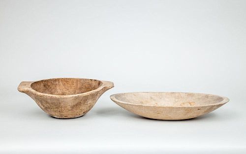 SCOOPED WOOD OVAL BOWL AND A TWO-HANDLED WOOD BOWL