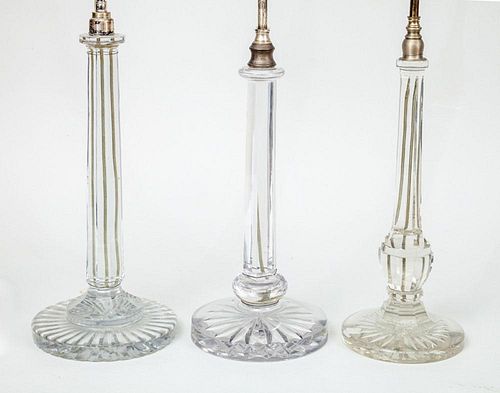THREE SIMILAR VICTORIAN GLASS COLUMN-FORM TABLE LAMPS