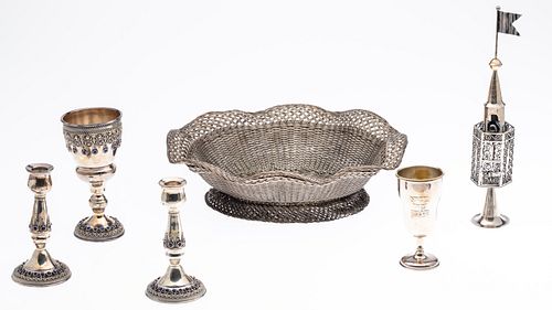 Silver and Silverplate Judaica & Basket, 6 pcs