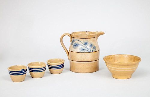 YELLOWARE MILK PITCHER; A SMALL MIXING BOWL; AND THREE STRIPED CUPS