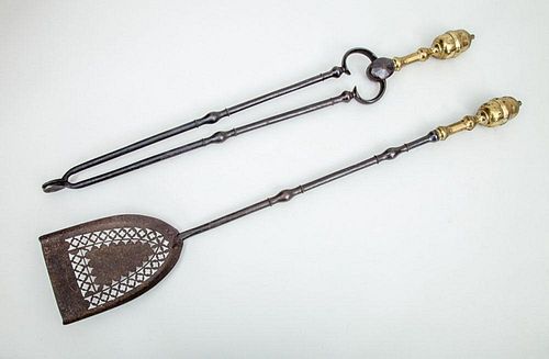 WROUGHT-IRON FIRE TONGS AND A MATCHING HEARTH SHOVEL