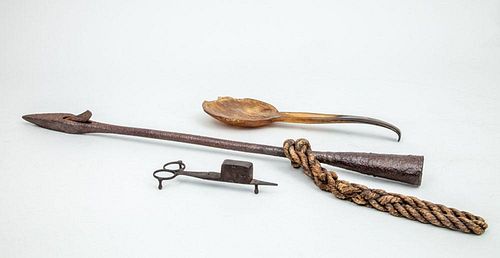 WROUGHT-IRON SPEAR POINT, A PAIR OF SNUFFERS, AND A HORN SPOON