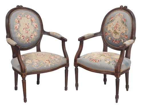 Pair of Louis XVI Style Needlework Upholstered Armchair