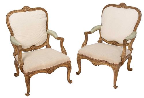 Rare and Important Pair of British George III Giltwood Open Armchairs