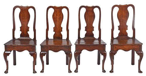 Four British Queen Anne Oak Side Chairs