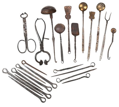 23 Assorted Wrought Brass and Iron Utensils
