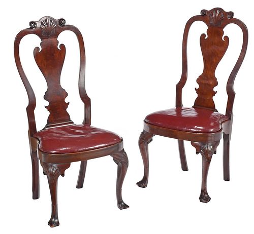 Important Rawle Family Pair of Philadelphia Queen Anne Carved Walnut Compass Seat Side Chairs