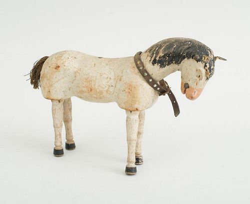 CARVED AND PAINTED WOOD ARTICULATED HORSE AND A HIDE-COVERED HORSE