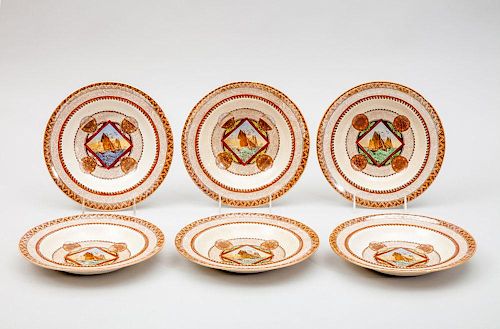 WILLIAM BROWNFIELD & SONS, SIX TRANSFERWARE SOUP PLATES