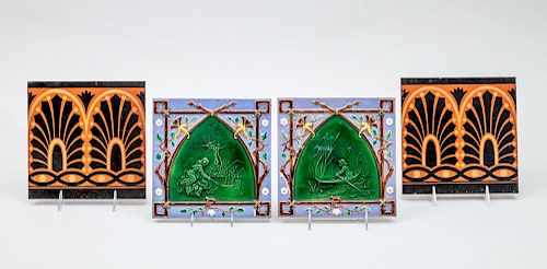 MINTON HOLLINS & CO. AESTHETIC MOVEMENT PAIR OF TILES TOGETHER WITH A MAW & CO. PAIR OF TILES