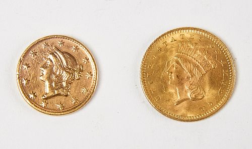 Two US One Dollar Gold Liberty Coins