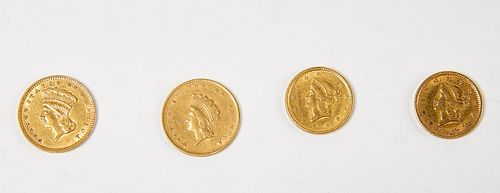 Four US One Dollar Gold Liberty Coins