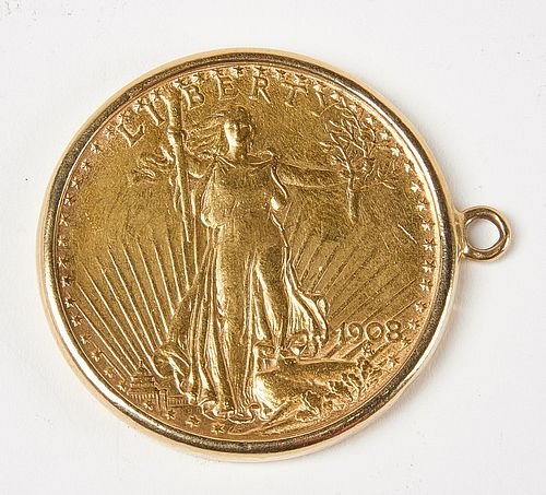 1908 Standing Liberty Twenty Dollar Gold Pendant