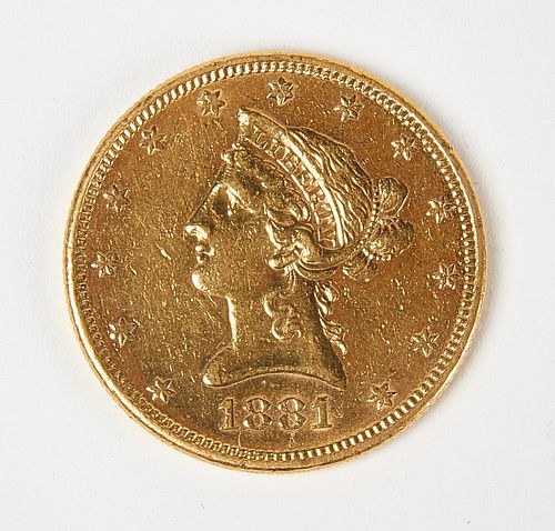 1881-S Ten Dollar Gold Liberty Coin, F, Raw