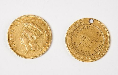 Two US Three Dollar Gold Coins