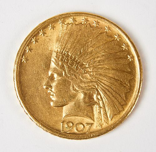 1907 Ten Dollar Gold Indian, No Motto, Coin, XF+