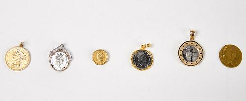 Six Gold Coins as Pendants or Former Pendants.