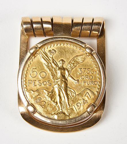 1947 Mexican 50 Peso Gold Coin, 14K Money Clip