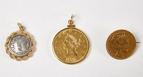 Two Gold Coins and a Roman Coin in 14K Surround