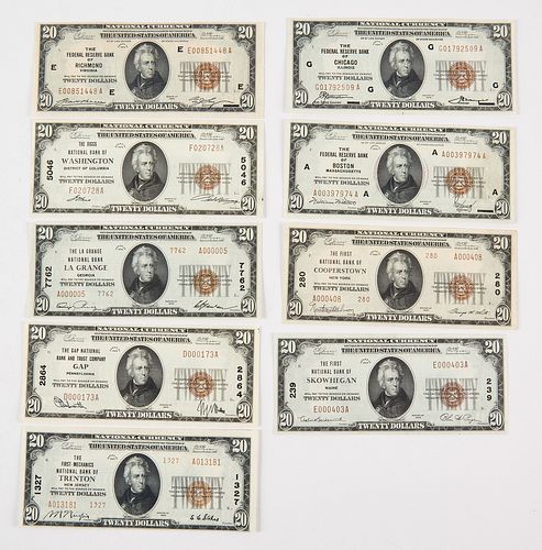 Nine U.S. Twenty Dollar National Currency Notes