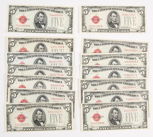 Fourteen 1928 U.S. Five Dollar Notes