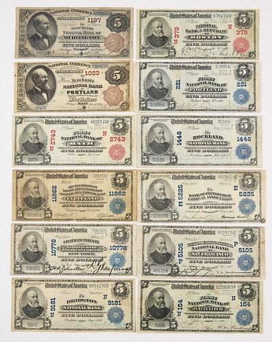 Lot of Twelve U.S. Five Dollar National Currency