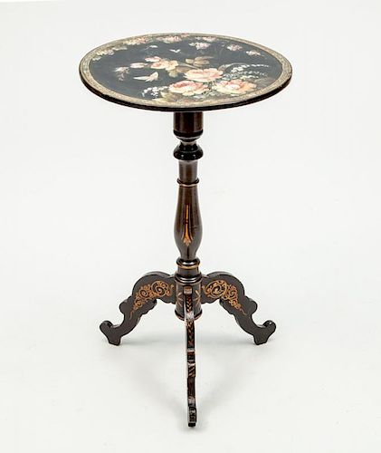 VICTORIAN BLACK PAINTED AND PARCEL-GILT AND MOTHER-OF-PEARL INLAID TILT-TOP TRIPOD TABLE