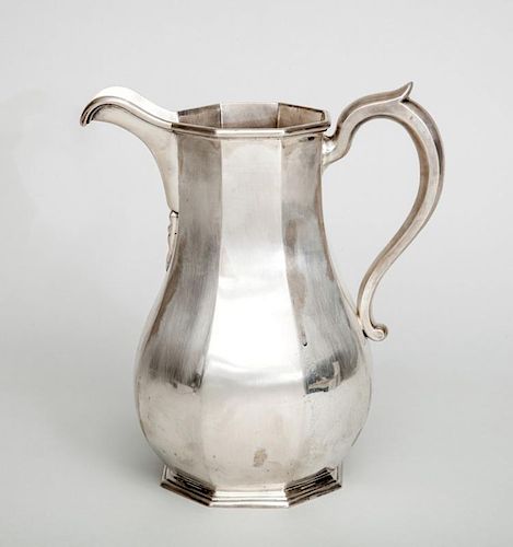 AMERICAN MONOGRAMMED SILVER OCTAGONAL PEAR-FORM WATER PITCHER