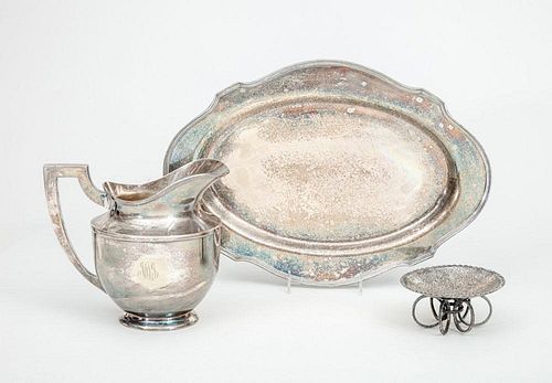 AMERICAN SILVER-PLATED WATER PITCHER, A SIVER-PLATED MEAT DISH AND A SILVER-PLATED STEMMED COMPOTE WITH LOOP SUPPORTS