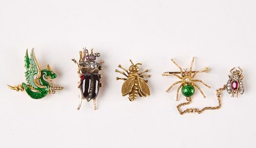 Four 14K Gold Brooches Insects Dragon