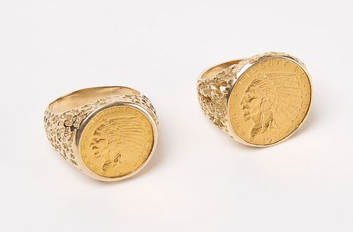 Two Indian Head Gold Coin Men's Rings