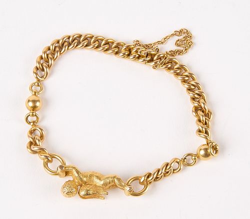 18K French Yellow Gold Link Bracelet with Angel