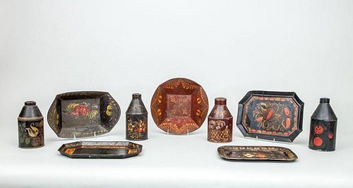 FOUR PAINTED TINWARE CYLINDRICAL JARS AND COVERS; TWO BREAD TRAYS; AND THREE OTHER TRAYS
