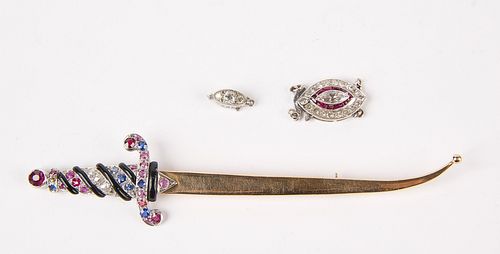 Two Platinum and 14K Clasps, and Scimitar Brooch
