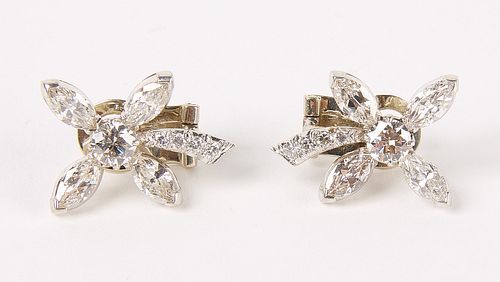 Pair 14K White Gold and Diamond Pierced Earrings