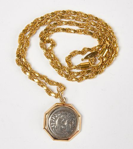 Roman Silver Coin, 14K Pendant, 22K Gold Chain