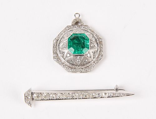 Platinum Emerald & Diamond Pendant, Pin