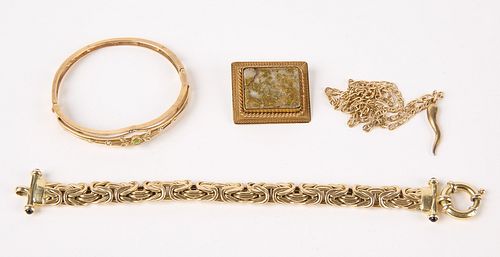 Four 14K Gold Bracelets, Brooch, Necklace
