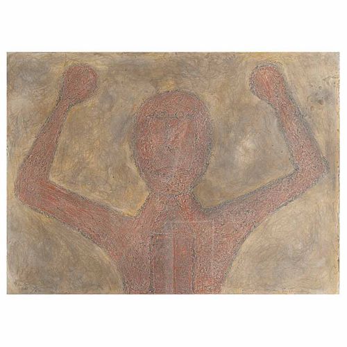 RUFINO TAMAYO, Hombre con brazos en alto, 1976, Firmada, Mixografía p de a XII / XX. 56.8 x 76 cm medidas totales