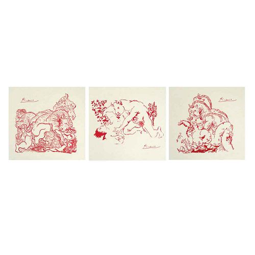 PABLO PICASSO, Serie Minotauro, 1947, Firmadas en malla, Serigrafías I, II, III, 30 x 30 cm cada una, Piezas: 3, en carpeta